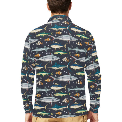 Swordfish Pattern Print Design 04 Long Sleeve Polo Shirt For Men's