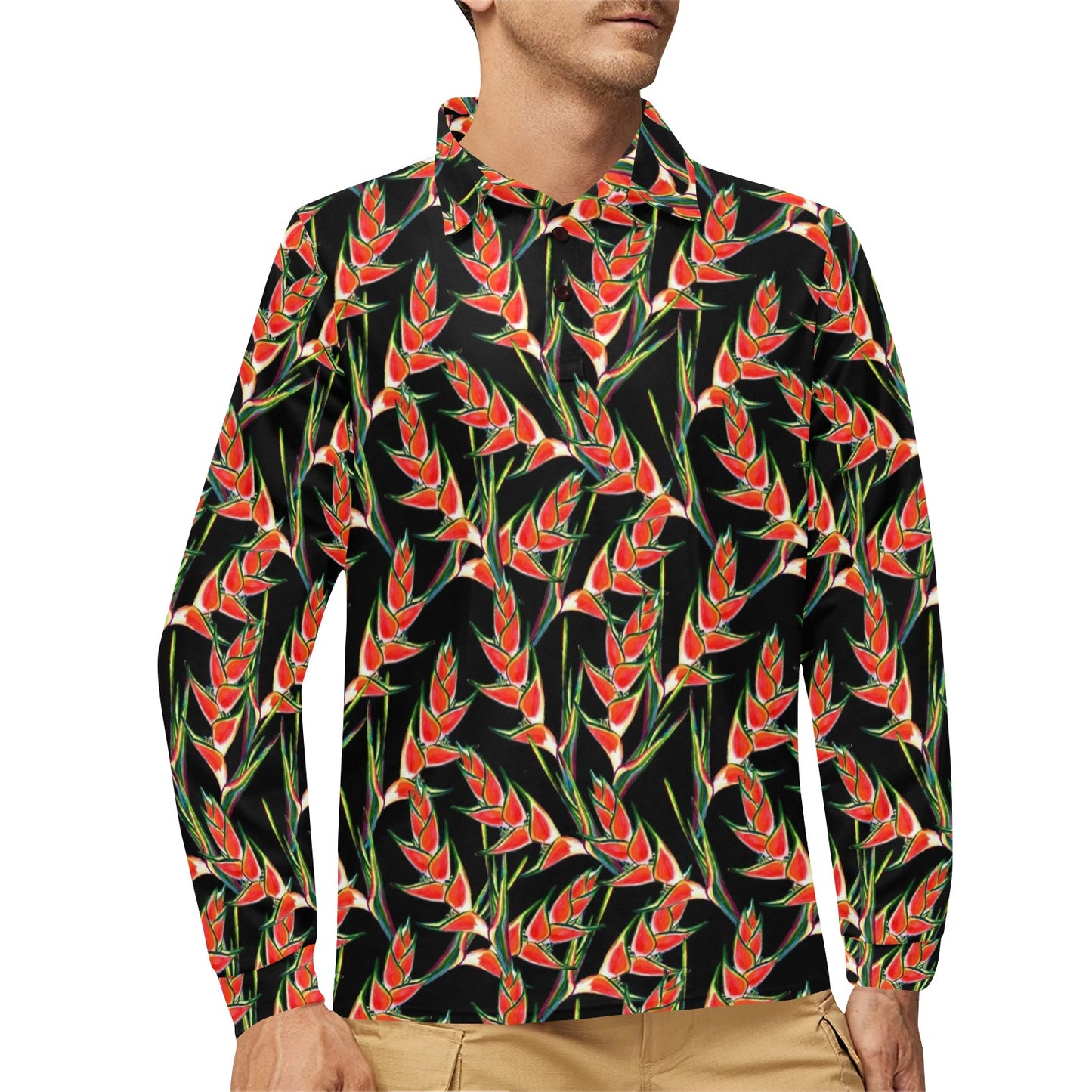 Heliconia Pattern Print Design HL010 Long Sleeve Polo Shirt For Men's