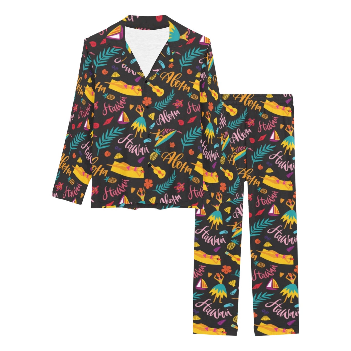 Aloha Hawaii Summer Design Themed Print Women's Long Pajama Set