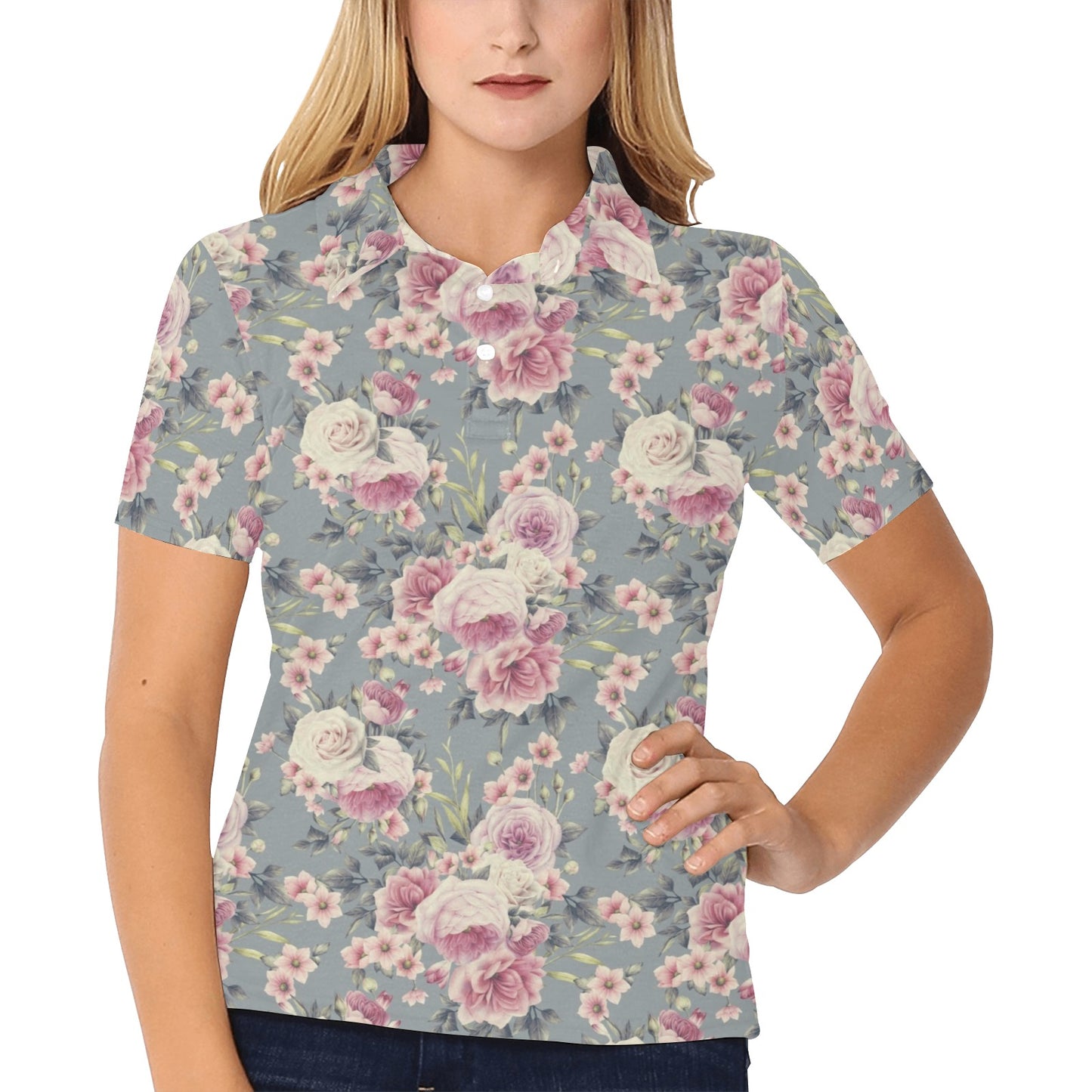 Peony Pattern Print Design PE05 Women's Polo Shirt