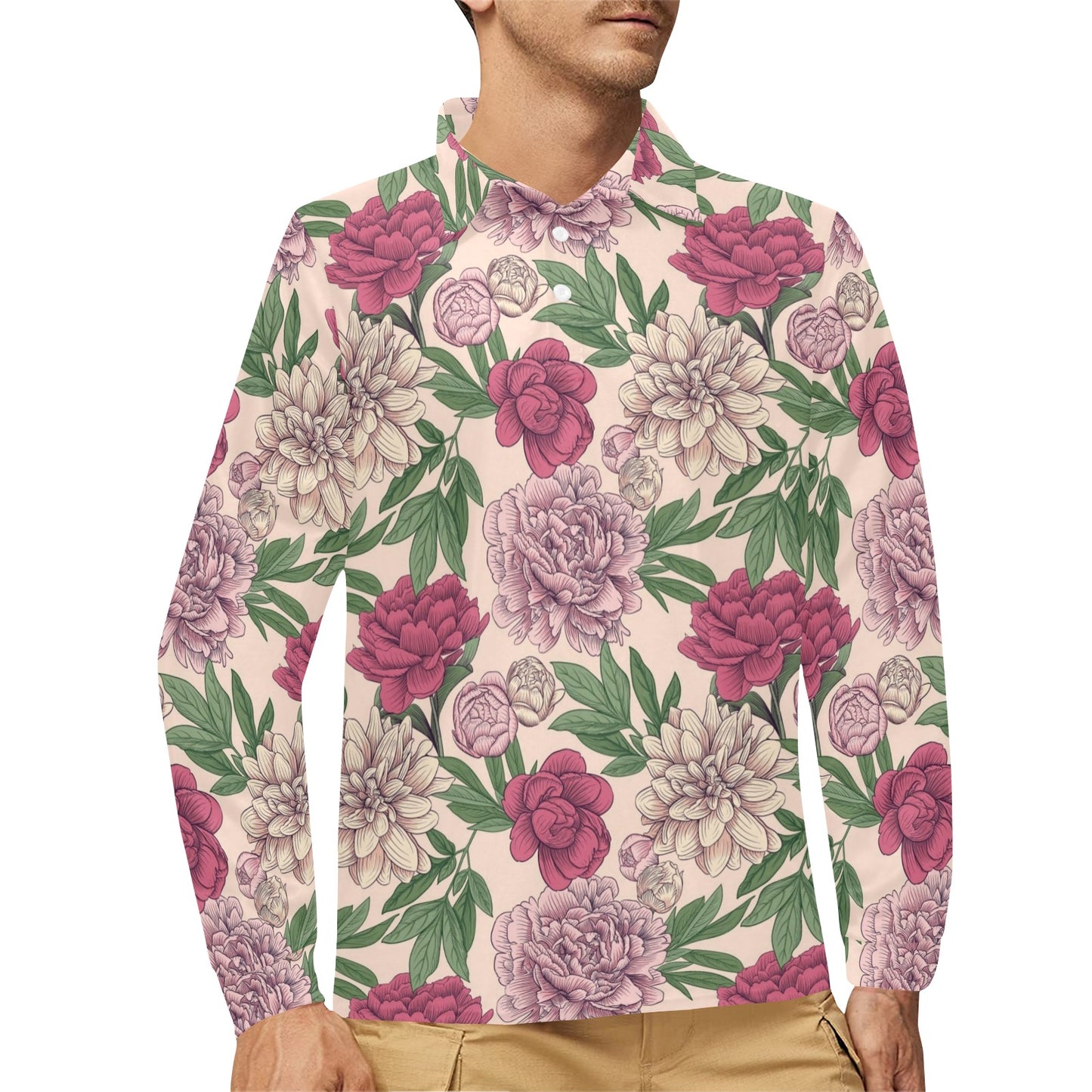 Peony Pattern Print Design A01 Long Sleeve Polo Shirt For Men's