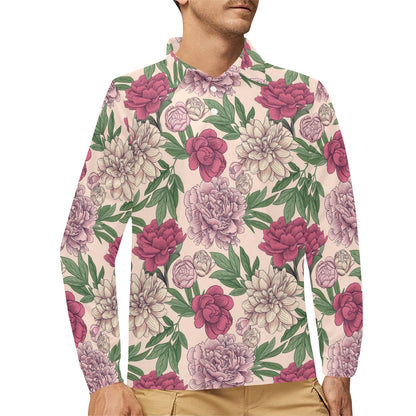 Peony Pattern Print Design A01 Long Sleeve Polo Shirt For Men's