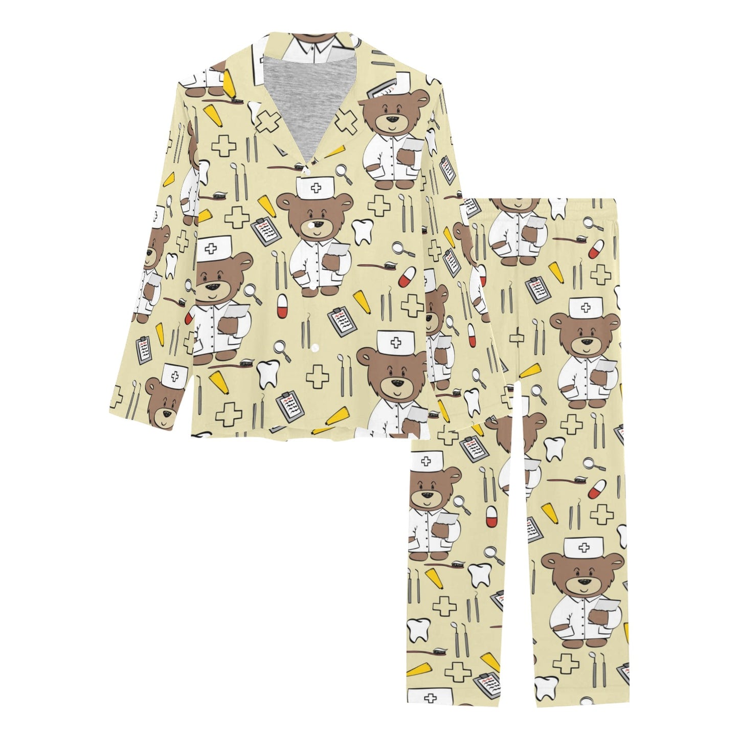 Nurse Bear Pattern Print Design A02 Women's Long Pajama Set