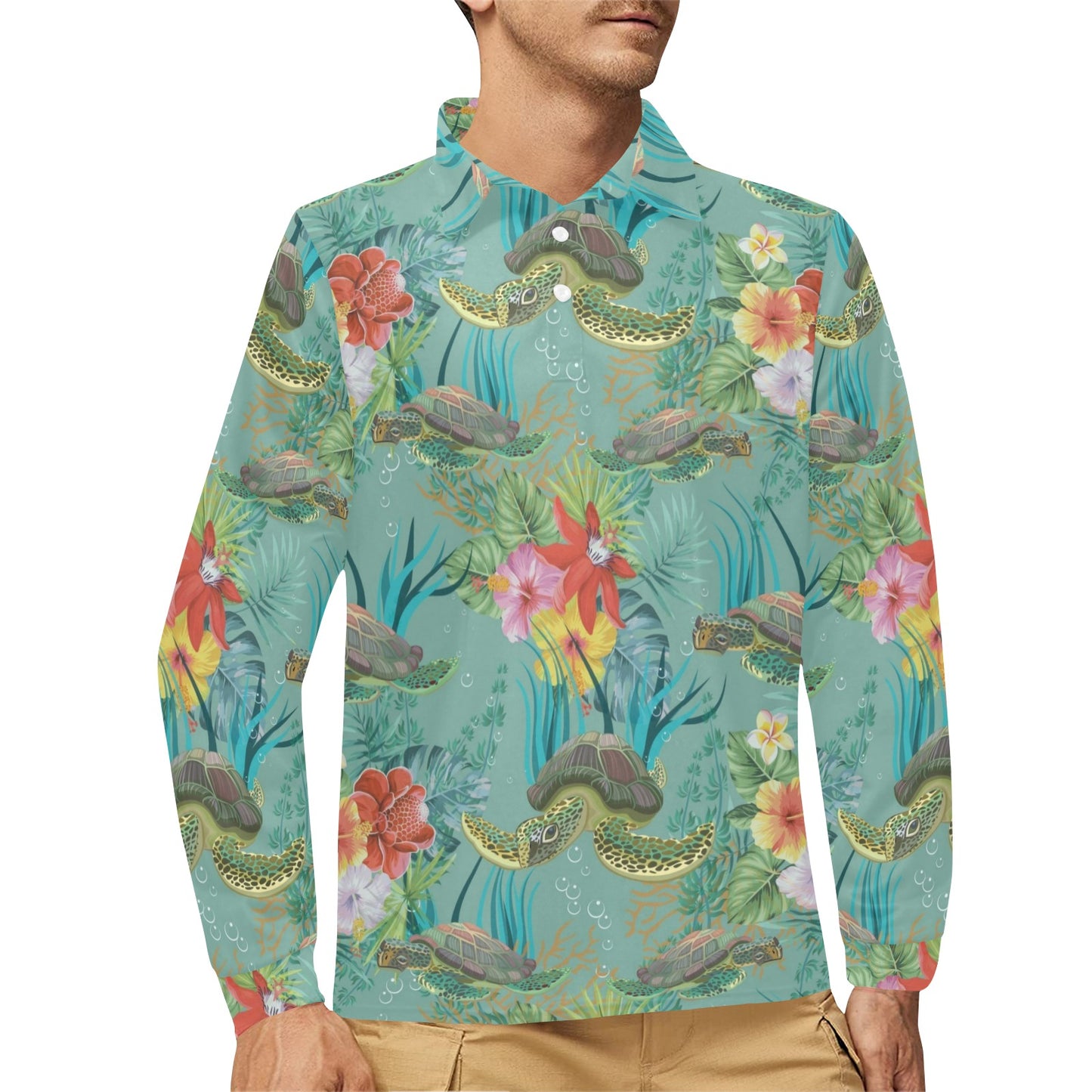 Sea Turtle Pattern Print Design T012 Long Sleeve Polo Shirt For Men's