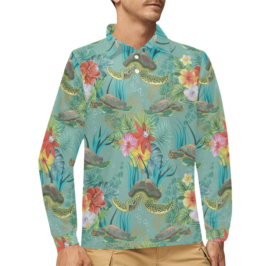 Sea Turtle Pattern Print Design T012 Long Sleeve Polo Shirt For Men's