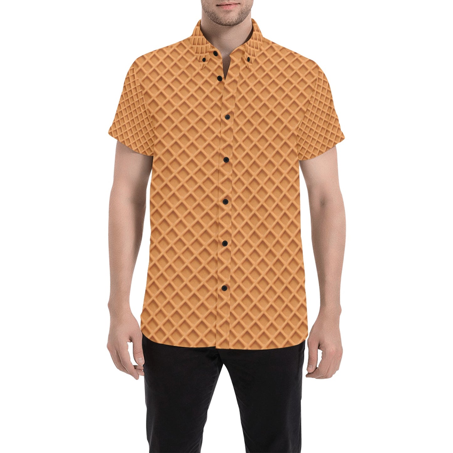 Waffle Texture Print Design LKS301 Men Short Sleeve Button Up Shirt