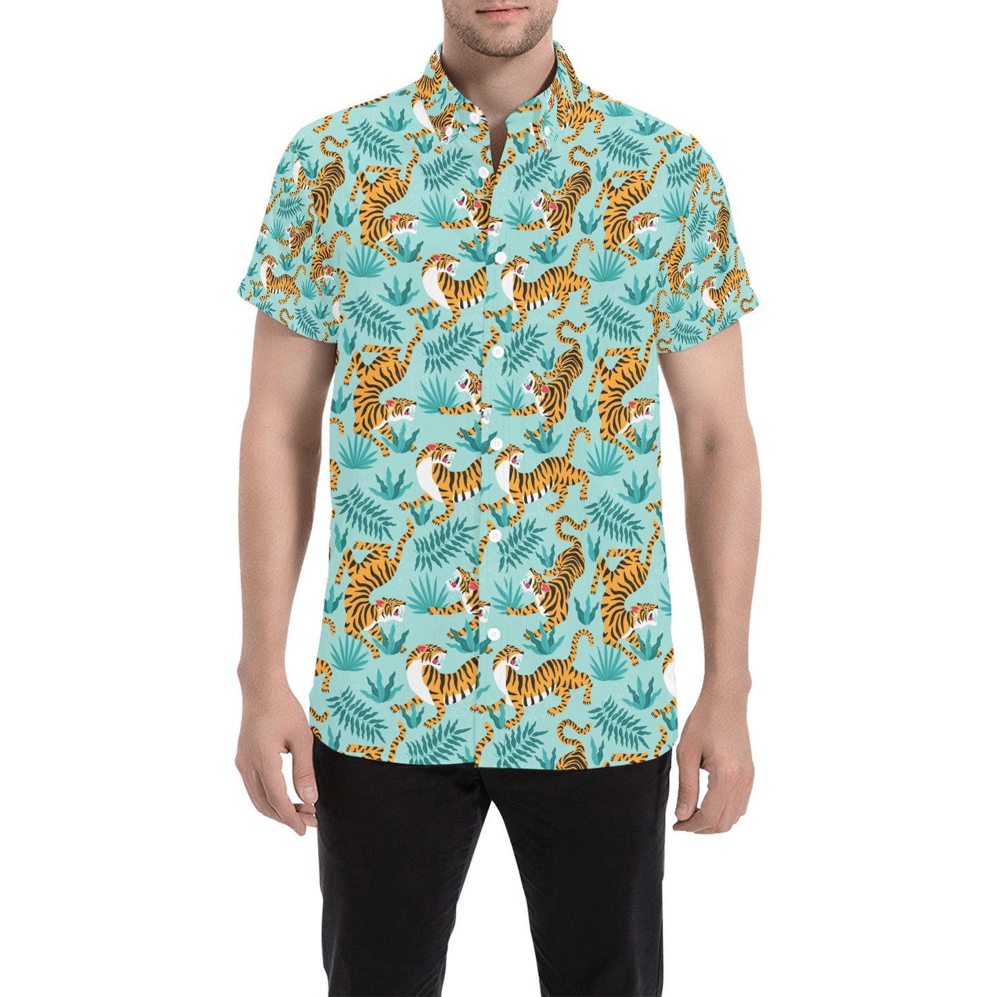 Tiger Print Design LKS304 Men Short Sleeve Button Up Shirt