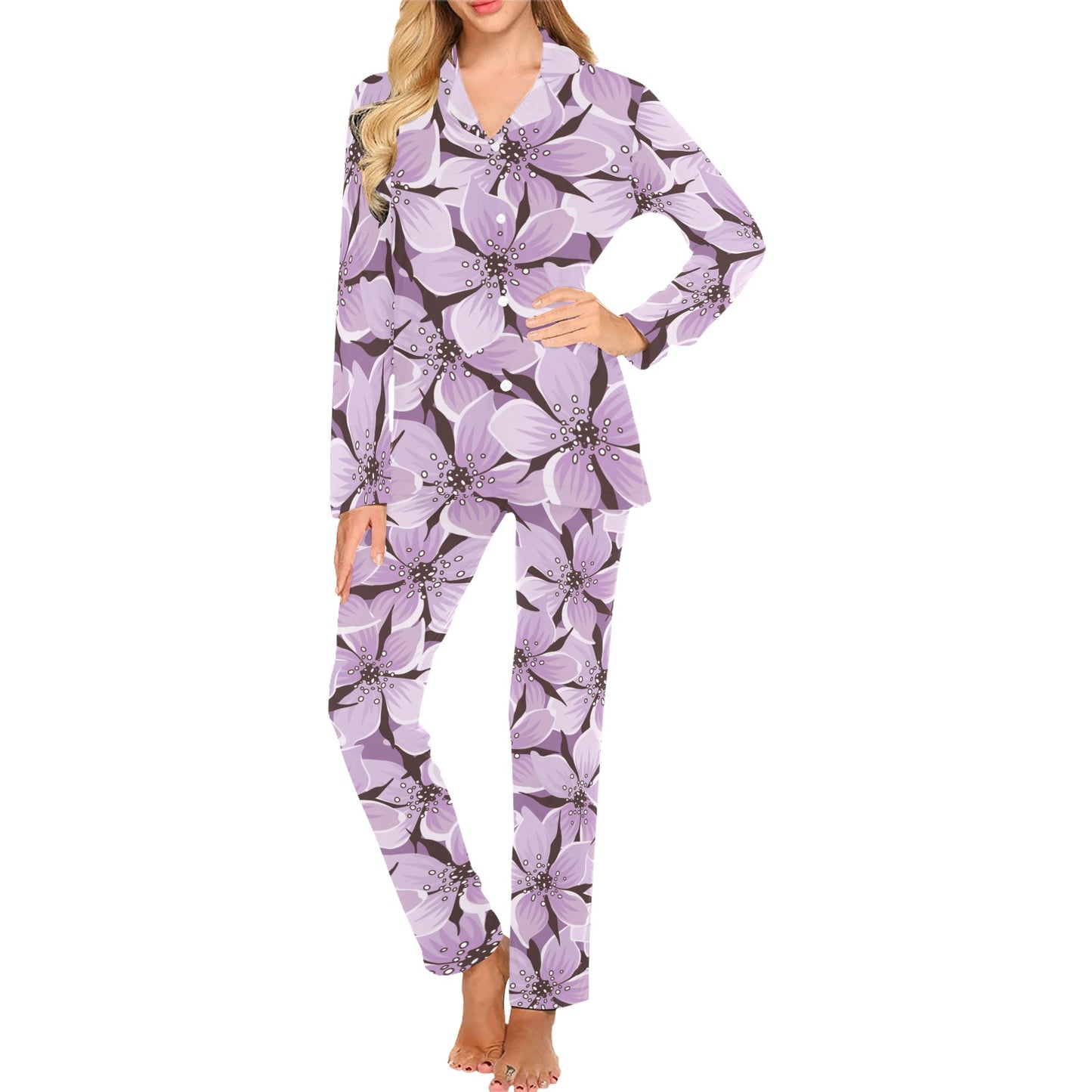 Lilac Pattern Print Design 01 Women's Long Pajama Set
