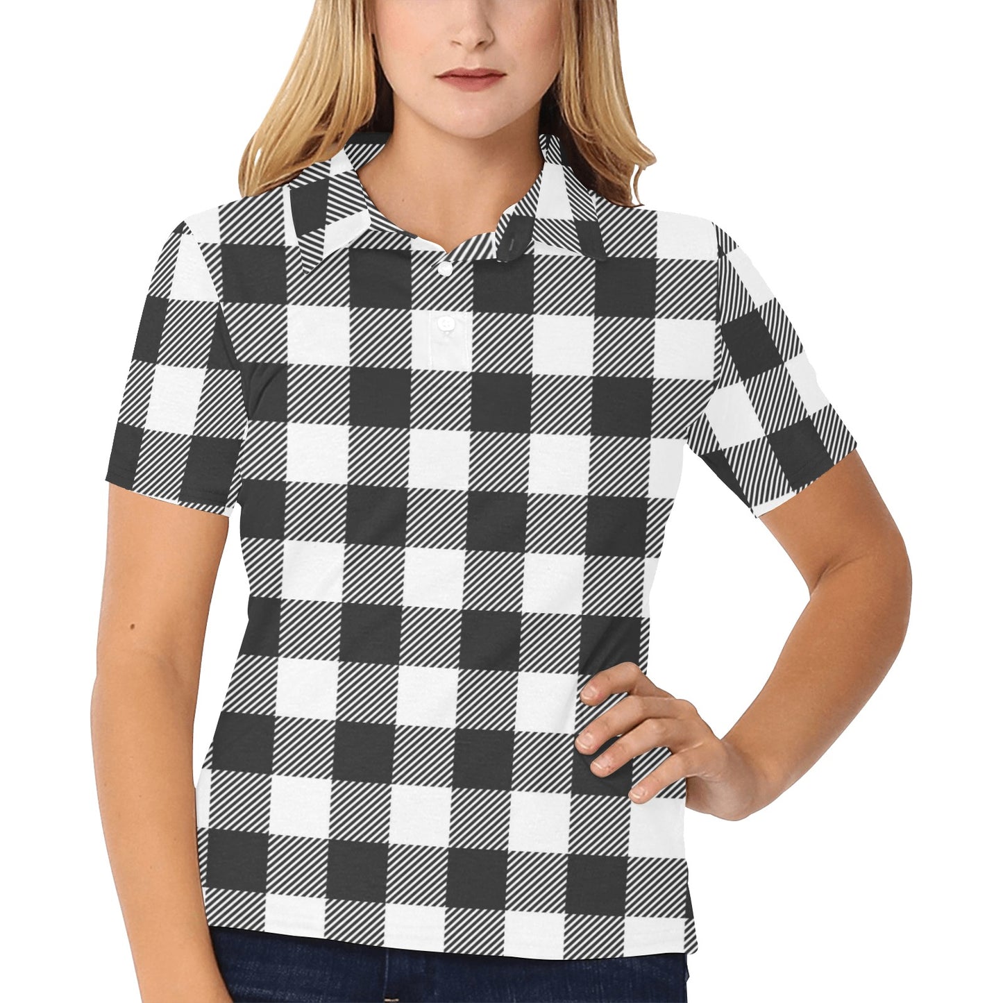 Buffalo check Black white Pattern Print Design 04 Women's Polo Shirt