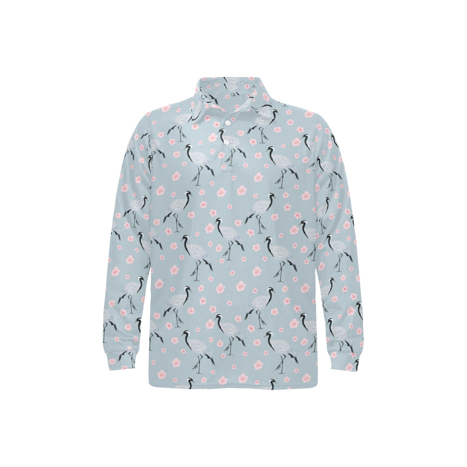 Sakura Bird Print Design LKS304 Long Sleeve Polo Shirt For Men's
