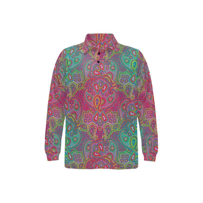 Boho Pattern Print Design 02 Long Sleeve Polo Shirt For Men's