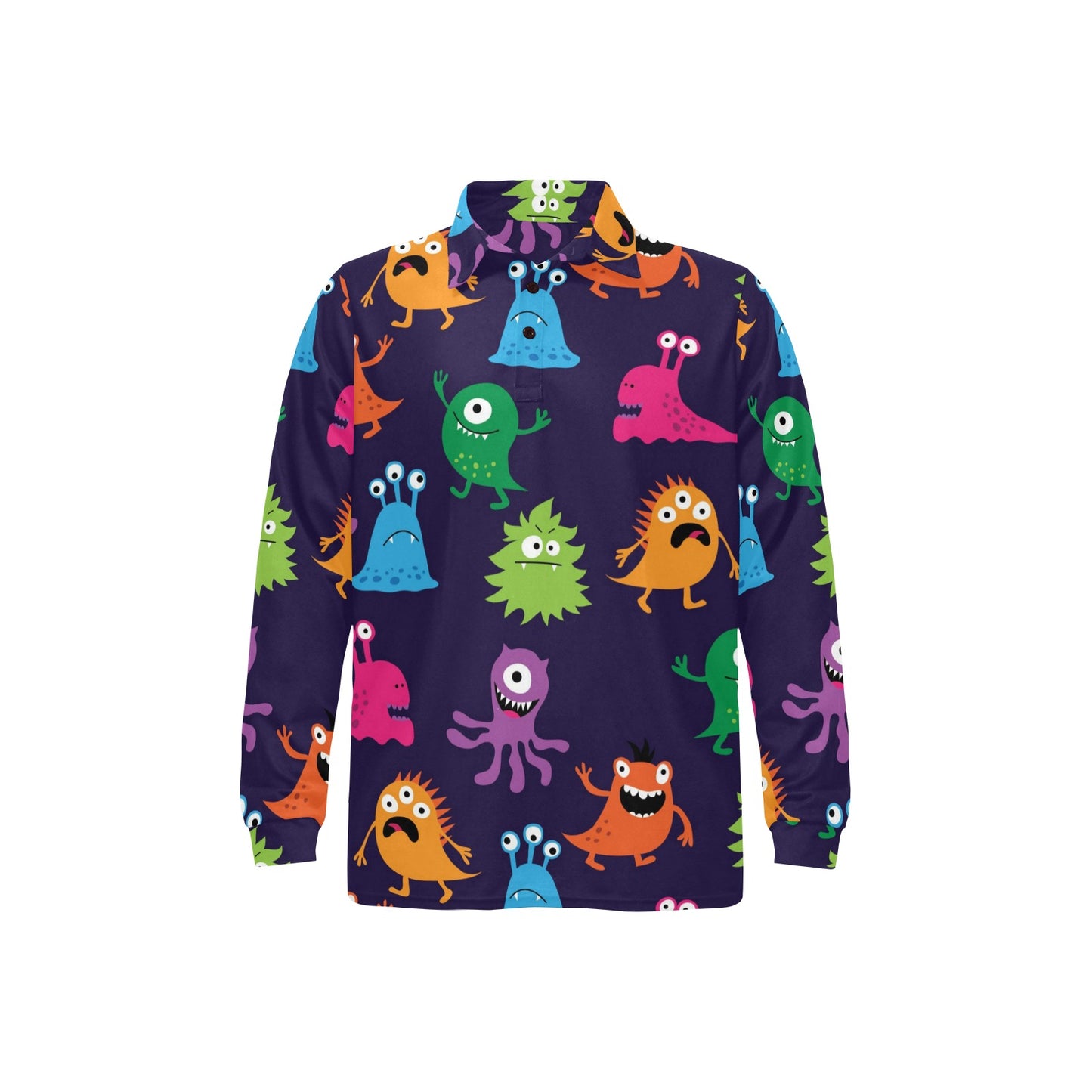 Monster Cartoon Pattern Print Design 02 Long Sleeve Polo Shirt For Men's