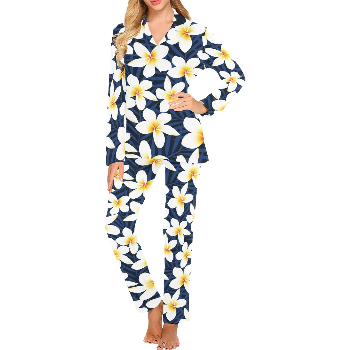 Plumeria Pattern Print Design PM026 Women's Long Pajama Set