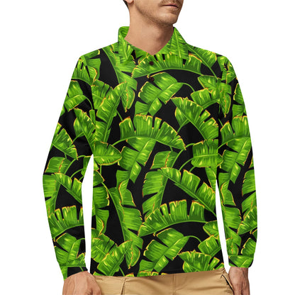 Banana Leaf Pattern Print Design BL06 Long Sleeve Polo Shirt For Men's