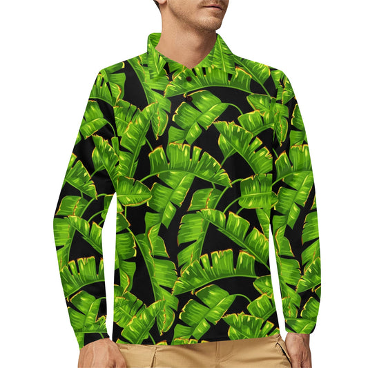 Banana Leaf Pattern Print Design BL06 Long Sleeve Polo Shirt For Men's