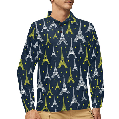 Eiffel Tower Star Print Long Sleeve Polo Shirt For Men's