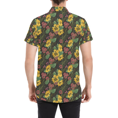 Sunflower Print Design LKS303 Men Short Sleeve Button Up Shirt