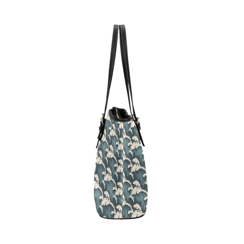 Wave Art Print Leather Tote Bag