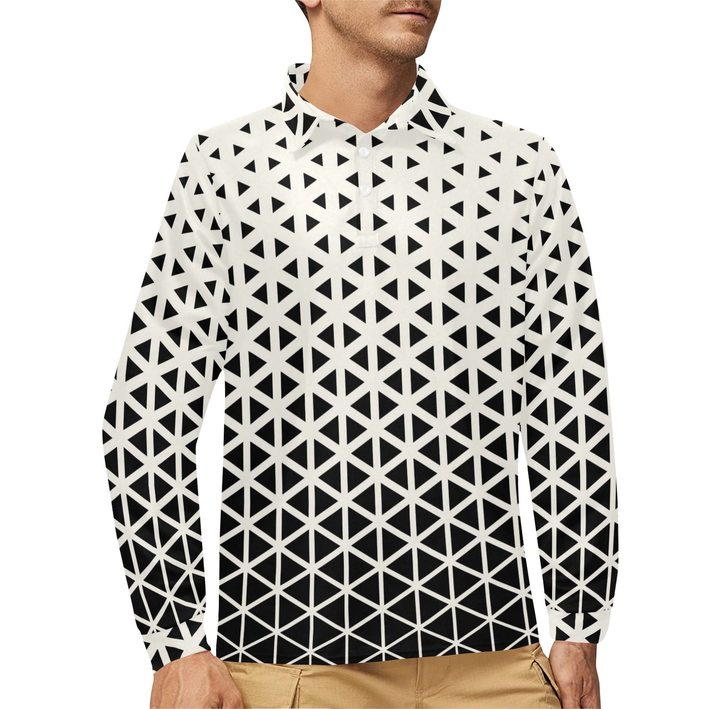 Geometric Black White Pattern Print Design 03 Long Sleeve Polo Shirt For Men's