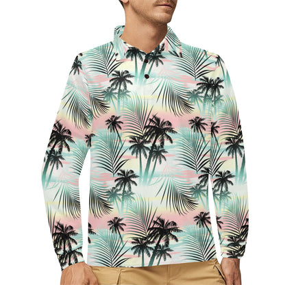 Palm Tree Pattern Print Design A03 Long Sleeve Polo Shirt For Men's