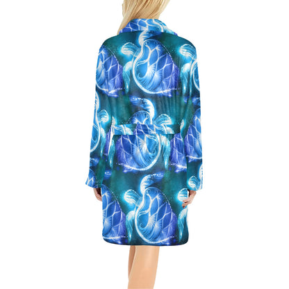 Blue Neon Sea Turtle Print Women's Fleece Robe