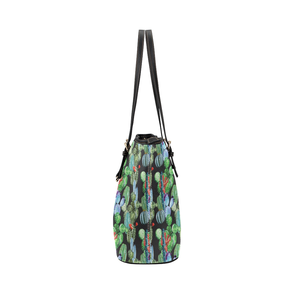 Cactus Watercolor Style Print Leather Tote Bag