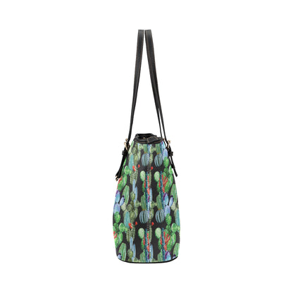 Cactus Watercolor Style Print Leather Tote Bag
