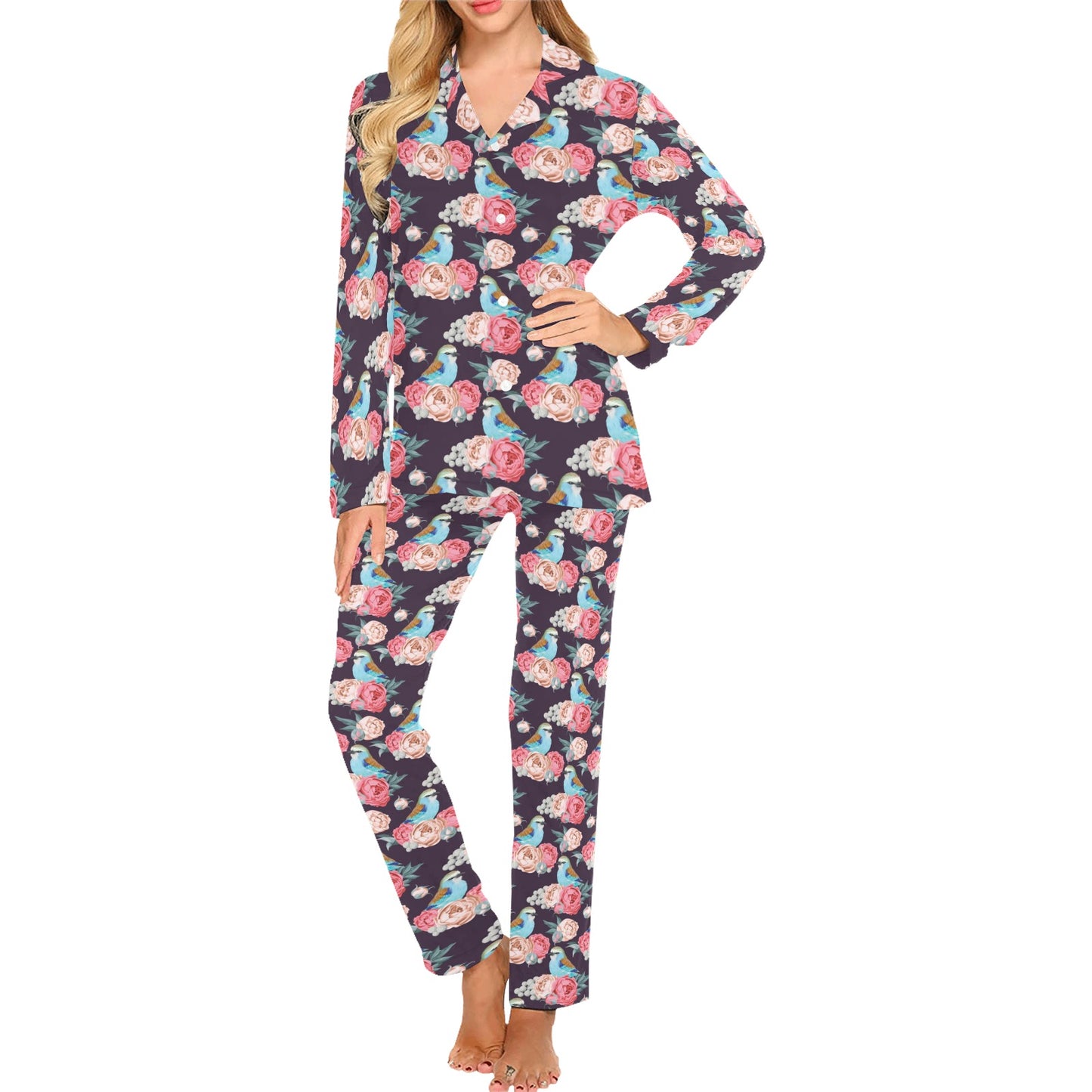 Bluebird Pattern Print Design 02 Women's Long Pajama Set