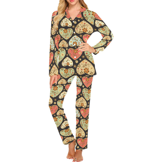 Heart Boho Pattern Print Design HE04 Women's Long Pajama Set