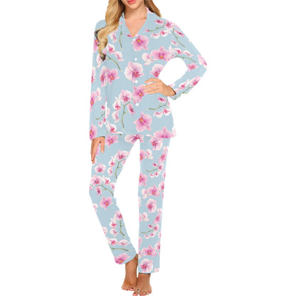Orchid Pattern Print Design A01 Women's Long Pajama Set
