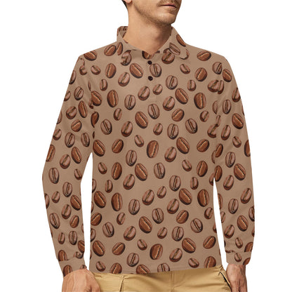 Coffee Pattern Print Design 07 Long Sleeve Polo Shirt For Men's