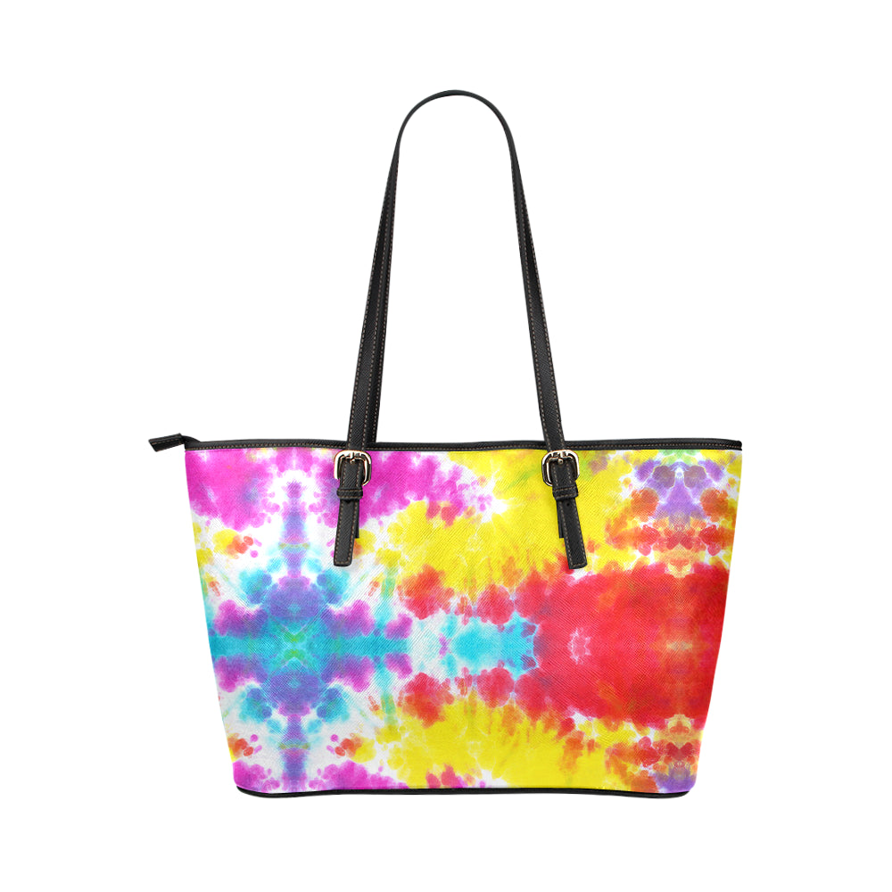 Tie Dye Rainbow Themed Print Leather Tote Bag