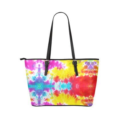 Tie Dye Rainbow Themed Print Leather Tote Bag