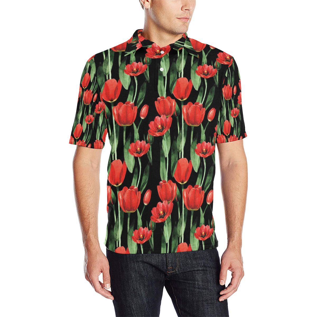 Tulip Red Pattern Print Design TP03 Men Polo Shirt