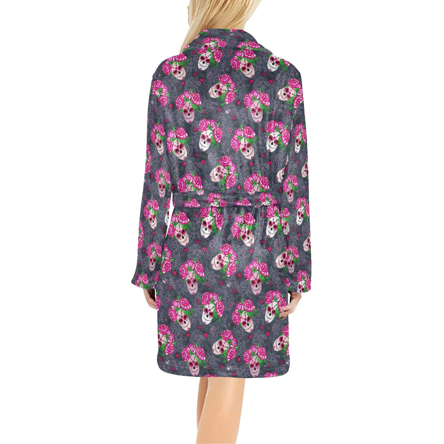 Sugar Skull Pink Rose Themed Print Women's Fleece Robe