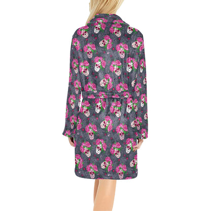 Sugar Skull Pink Rose Themed Print Women's Fleece Robe