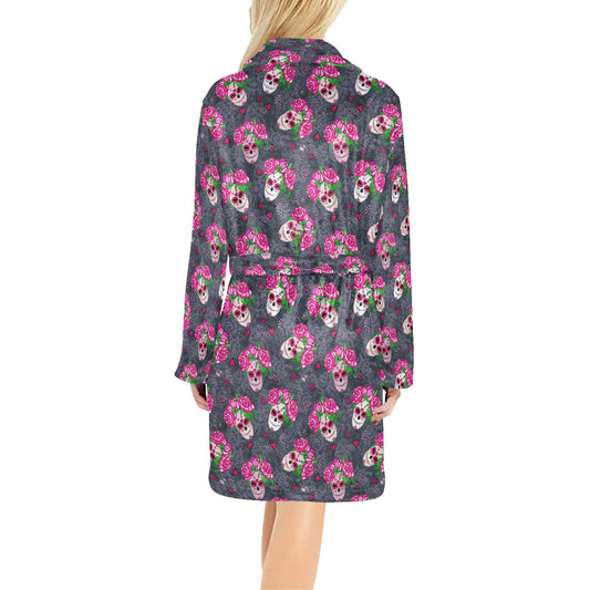 Sugar Skull Pink Rose Themed Print Women's Fleece Robe