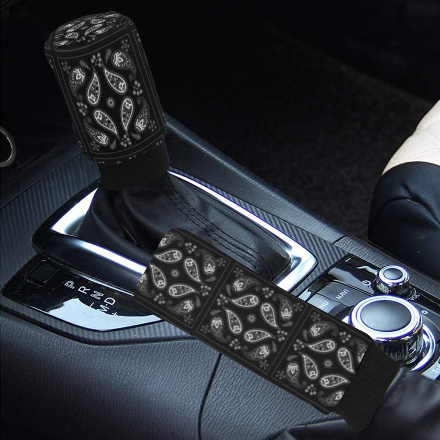 Bandana Paisley Black Print Design LKS308 Car Shift Knob and Hand Brake Covers
