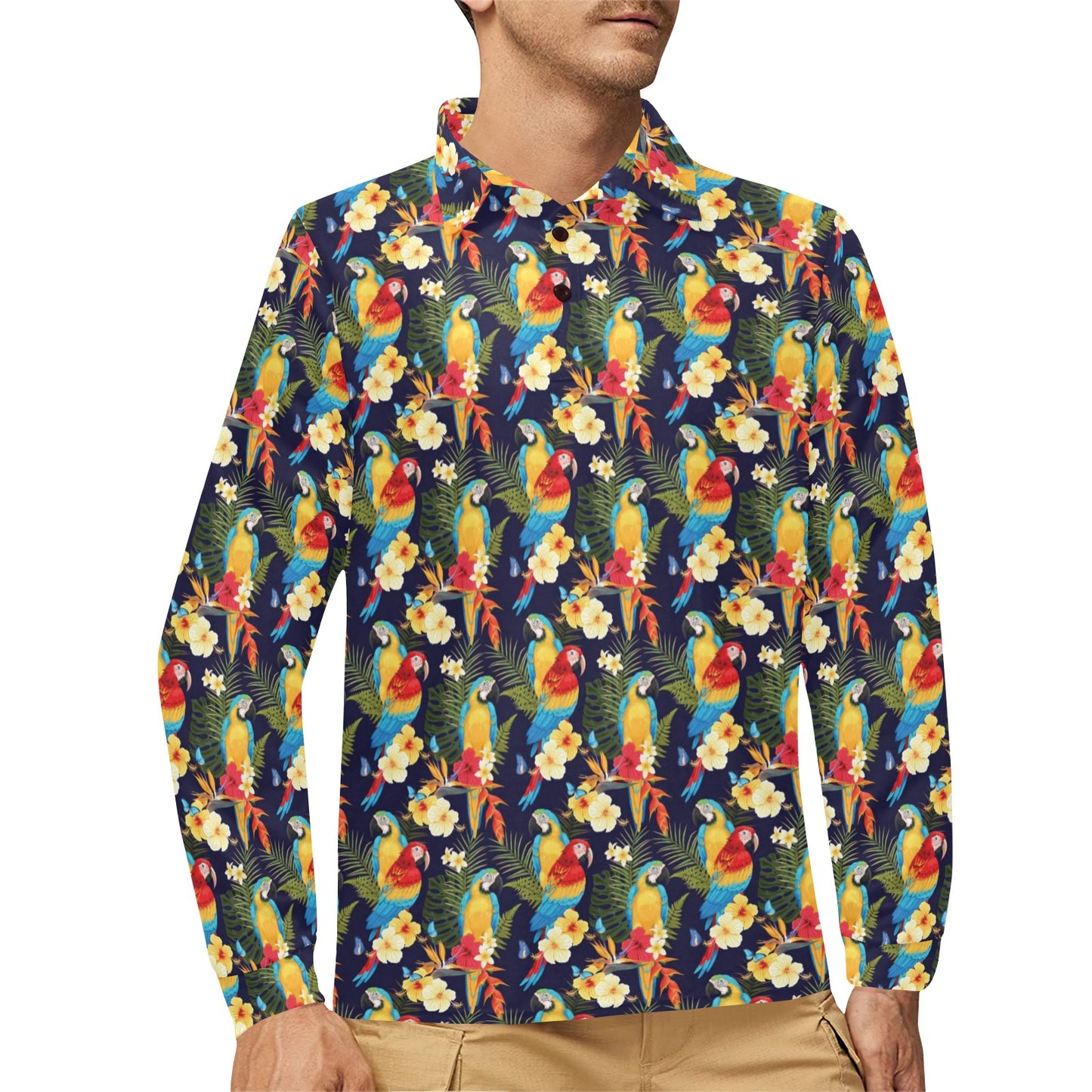 Parrot Themed Design Long Sleeve Polo Shirt For Men's