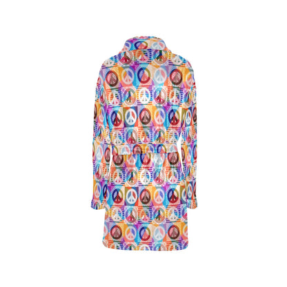 Peace Sign Patchwork Design Print Women's Fleece Robe