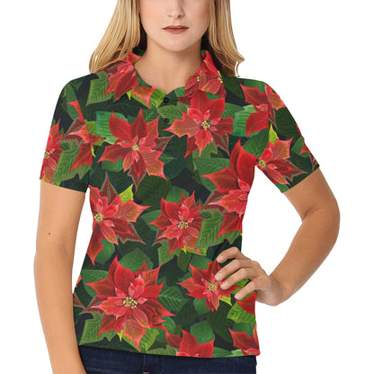 Poinsettia Pattern Print Design POT04 Women's Polo Shirt