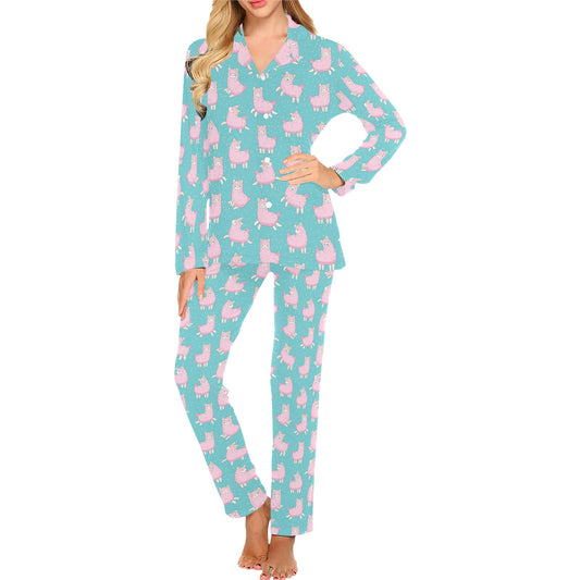 Alpaca Cartoon Design Themed Print Women's Long Pajama Set