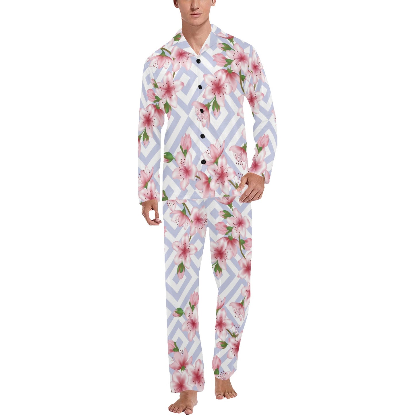 Cherry Blossom Pattern Print Design CB07 Men's Long Pajama Set