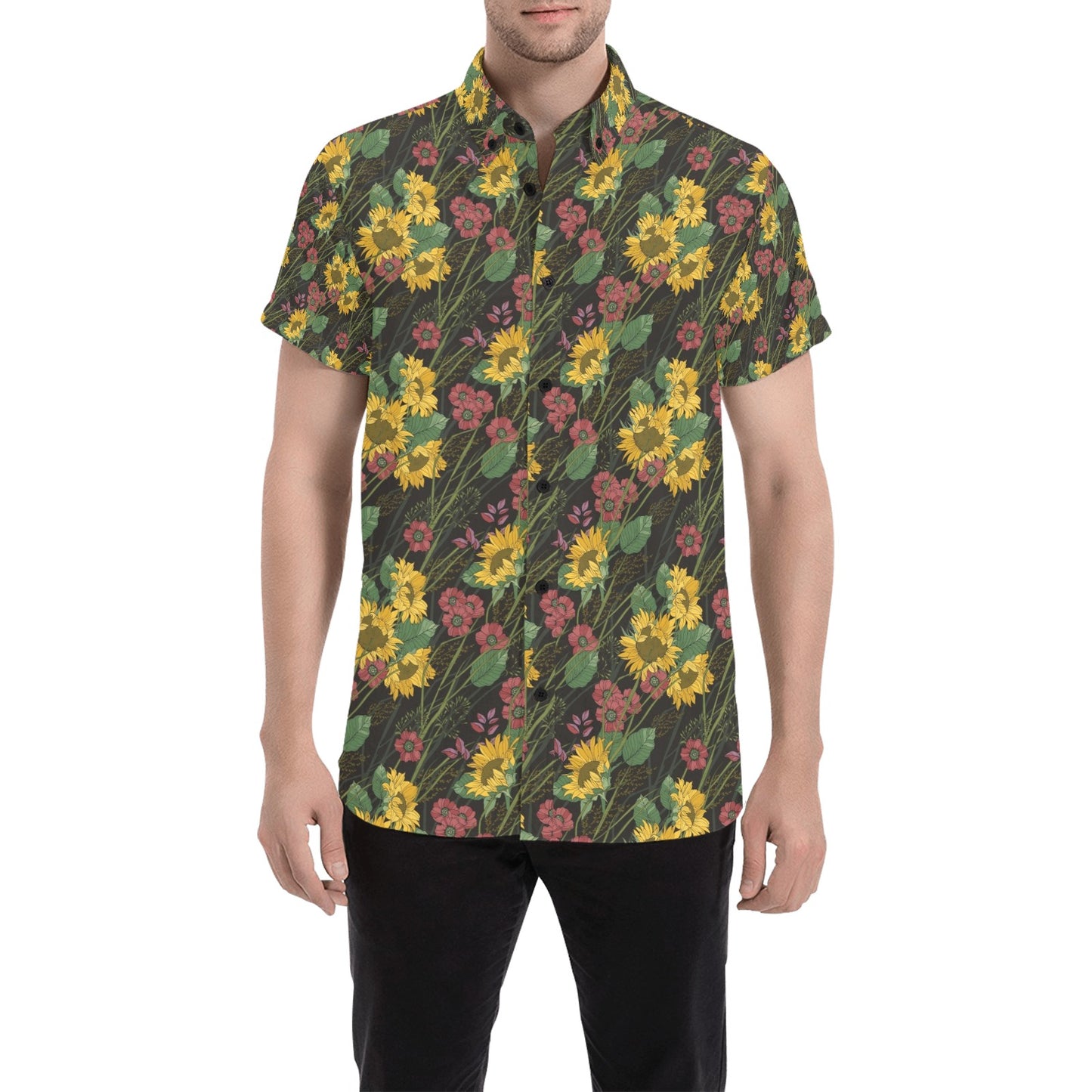 Sunflower Print Design LKS303 Men Short Sleeve Button Up Shirt
