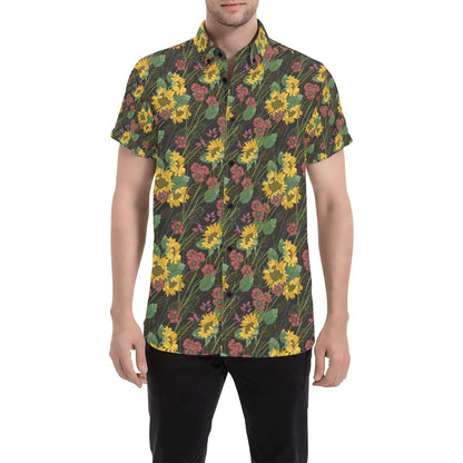 Sunflower Print Design LKS303 Men Short Sleeve Button Up Shirt