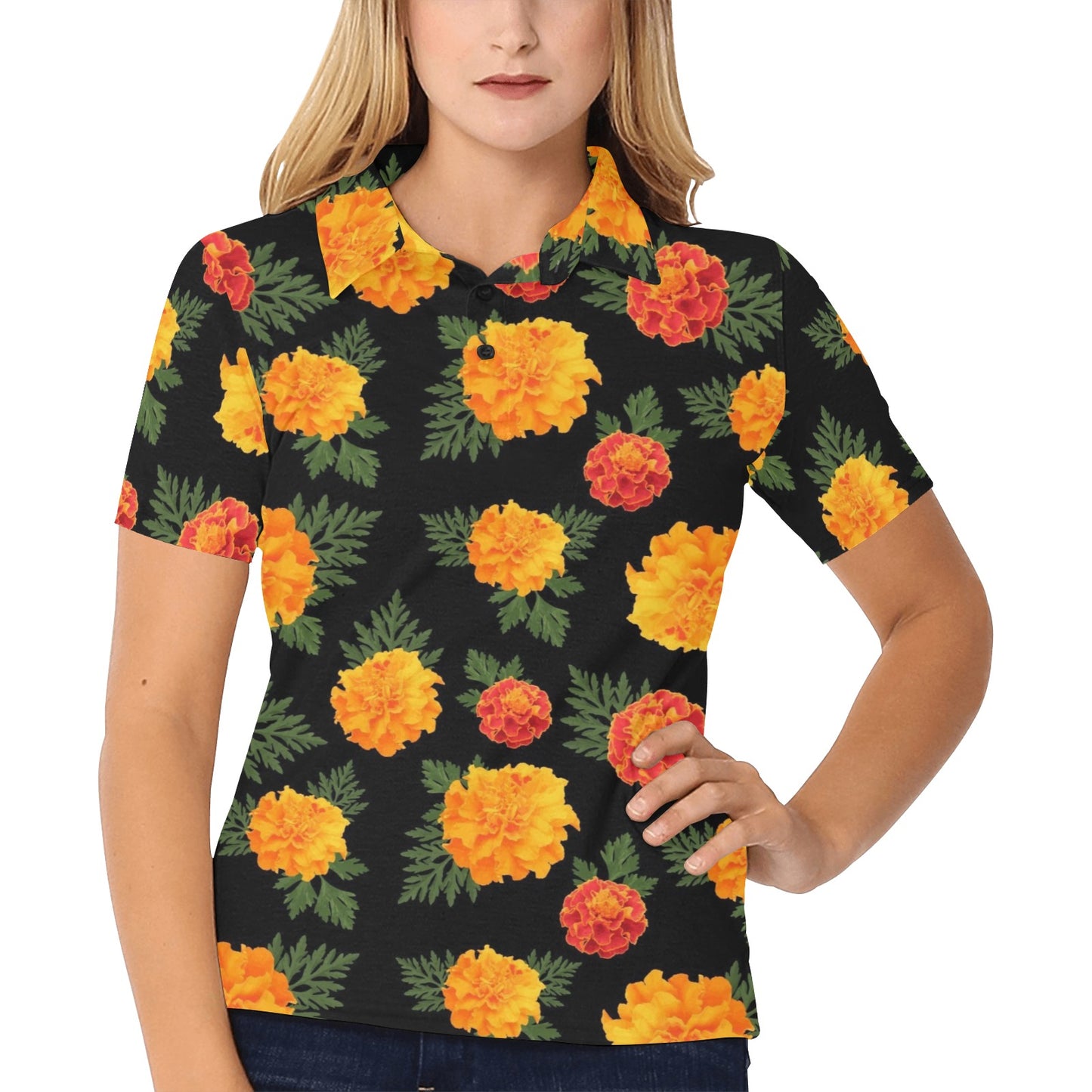 Marigold Pattern Print Design MR05 Women's Polo Shirt