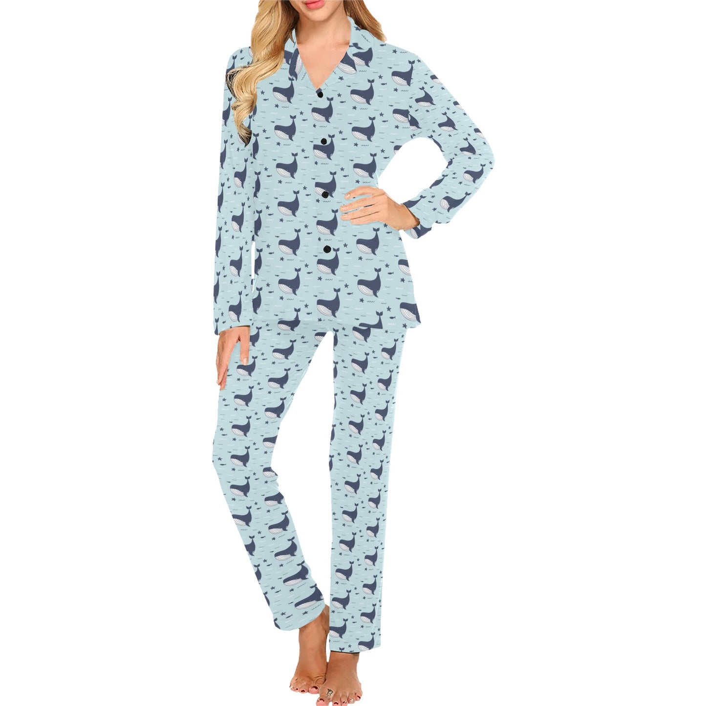 Whale Cute Design Themed Print Women's Long Pajama Set