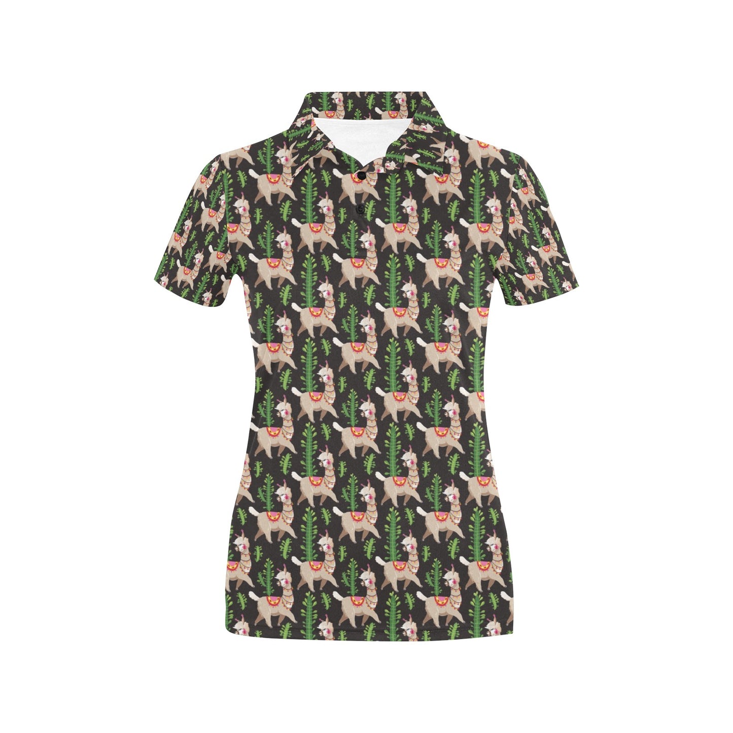 Alpaca Cactus Design Themed Print Women's Polo Shirt