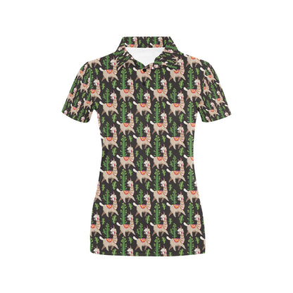 Alpaca Cactus Design Themed Print Women's Polo Shirt