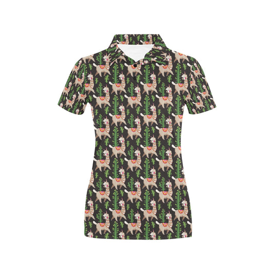 Alpaca Cactus Design Themed Print Women's Polo Shirt